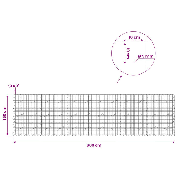 Gabion cu fir de 5 mm și plasă de 10x10 cm 600x10x150 cm WALTI