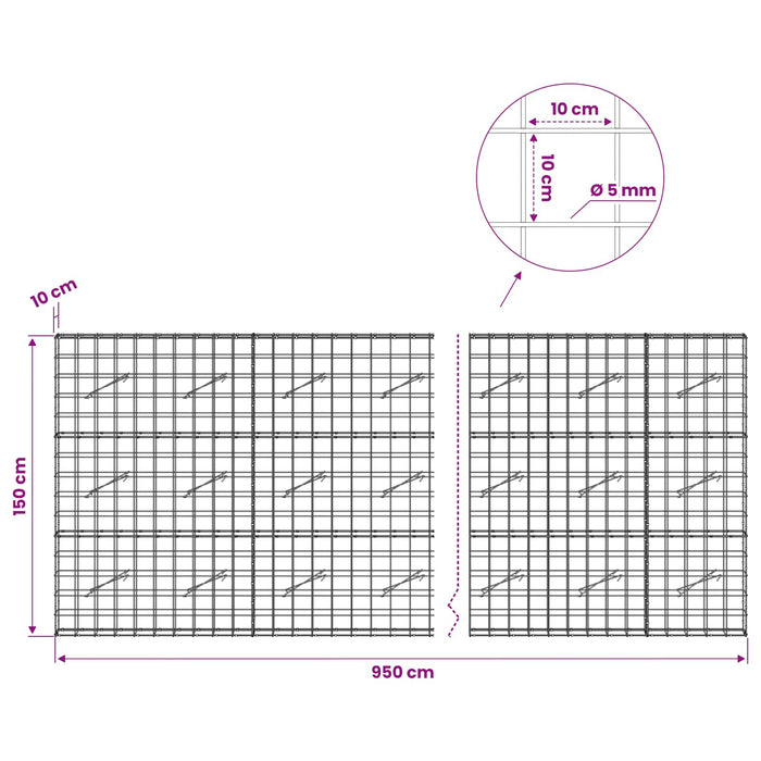 Gabion cu fir de 5 mm și plasă de 10x10 cm 950x10x150 cm WALTI