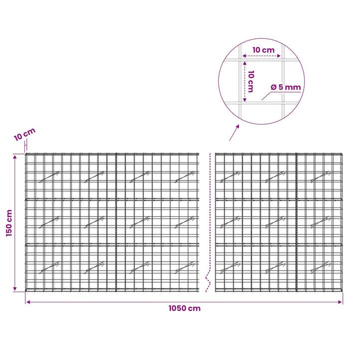 Gabion cu fir de 5 mm și plasă de 10x10 cm 1050x10x150 cm WALTI