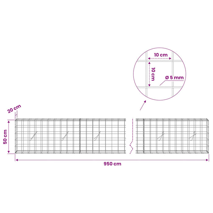 Gabion cu fir de 5 mm și plasă de 10x10 cm 950x20x50 cm WALTI