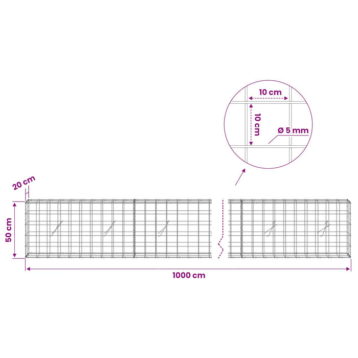Gabion cu fir de 5 mm și plasă de 10x10 cm 1000x20x50 cm WALTI