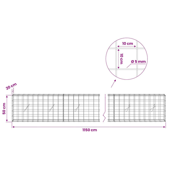 Gabion cu fir de 5 mm și plasă de 10x10 cm 1150x20x50 cm WALTI