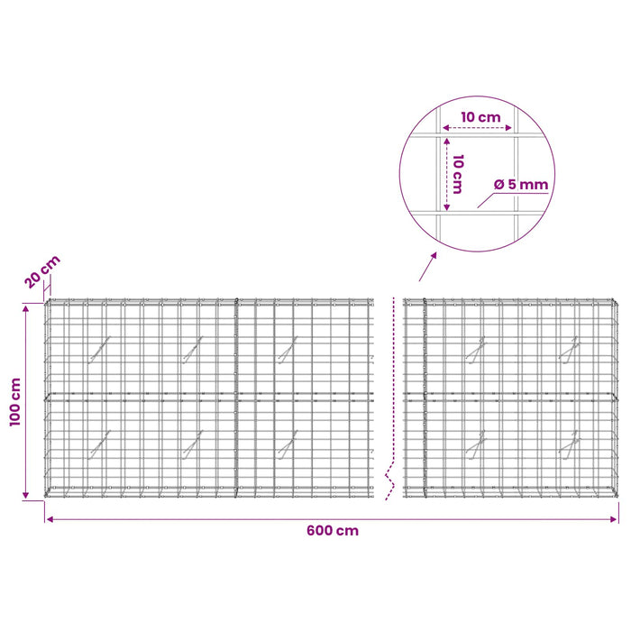 Gabion cu fir de 5 mm și plasă de 10x10 cm 600x20x100 cm WALTI