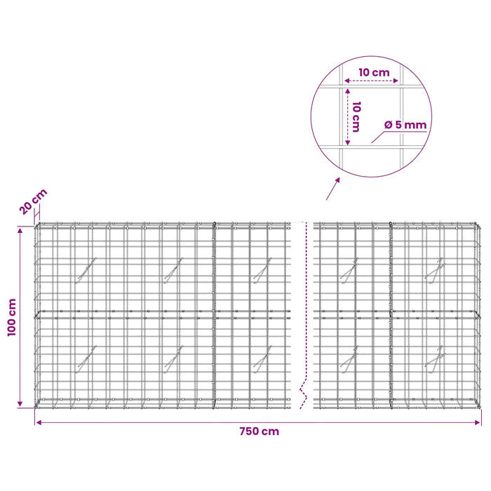 Gabion cu fir de 5 mm și plasă de 10x10 cm 750x20x100 cm WALTI