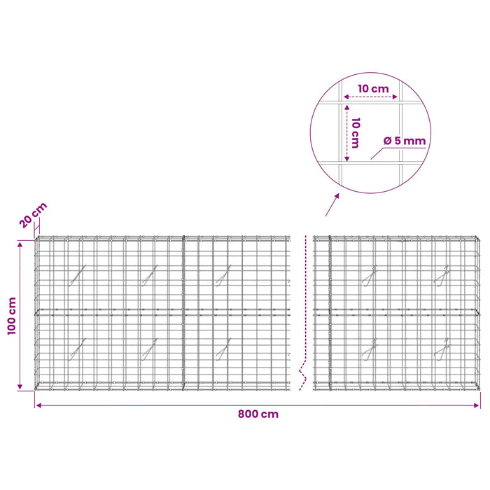 Gabion cu fir de 5 mm și plasă de 10x10 cm 800x20x100 cm WALTI
