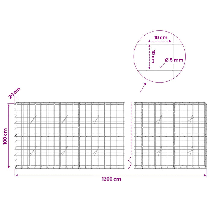 Gabion cu fir de 5 mm și plasă de 10x10 cm 1200x20x100 cm WALTI