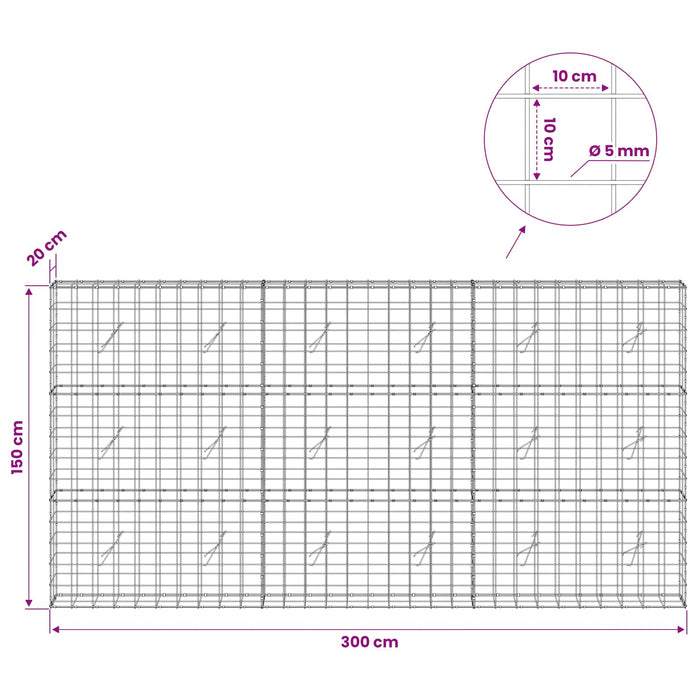 Gabion cu fir de 5 mm și plasă de 10x10 cm 300x20x150 cm WALTI