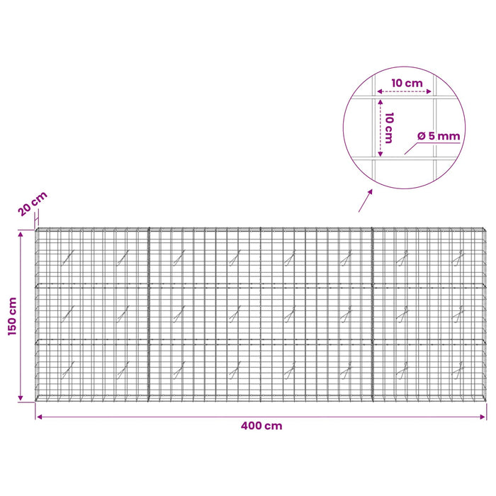 Gabion cu fir de 5 mm și plasă de 10x10 cm 400x20x150 cm WALTI