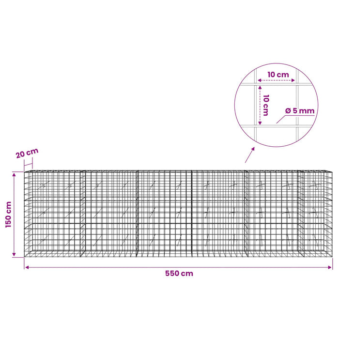 Gabion cu fir de 5 mm și plasă de 10x10 cm 550x20x150 cm WALTI