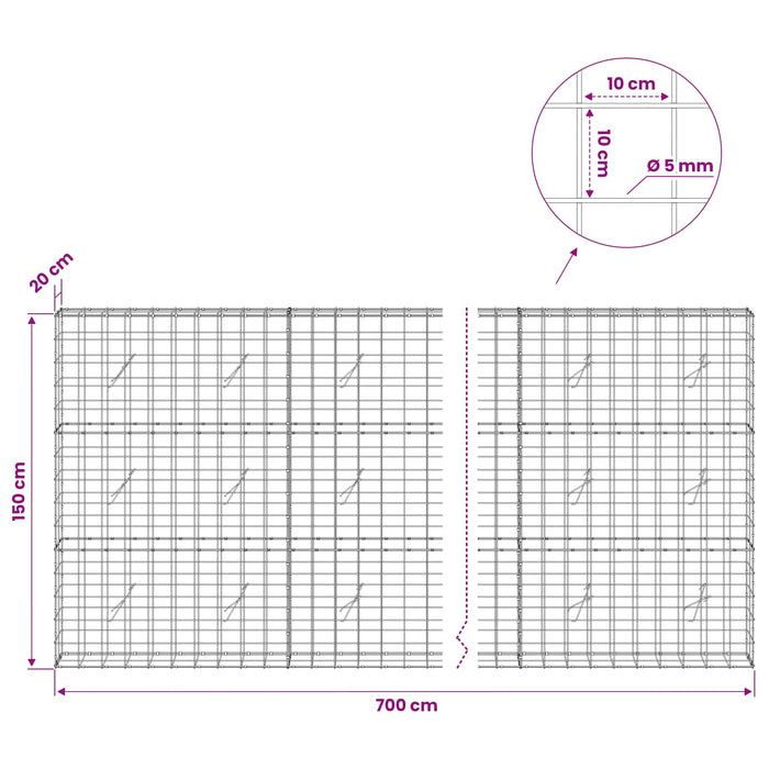 Gabion cu fir de 5 mm și plasă de 10x10 cm 700x20x150 cm WALTI
