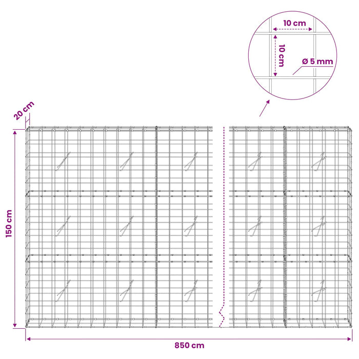Gabion cu fir de 5 mm și plasă de 10x10 cm 850x20x150 cm WALTI