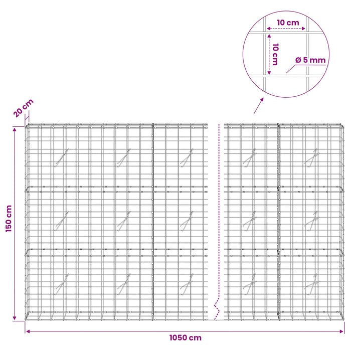 Gabion cu fir de 5 mm și plasă de 10x10 cm 1050x20x150 cm WALTI