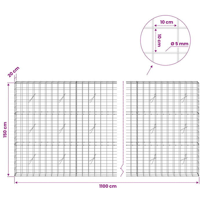 Gabion cu fir de 5 mm și plasă de 10x10 cm 1100x20x150 cm WALTI
