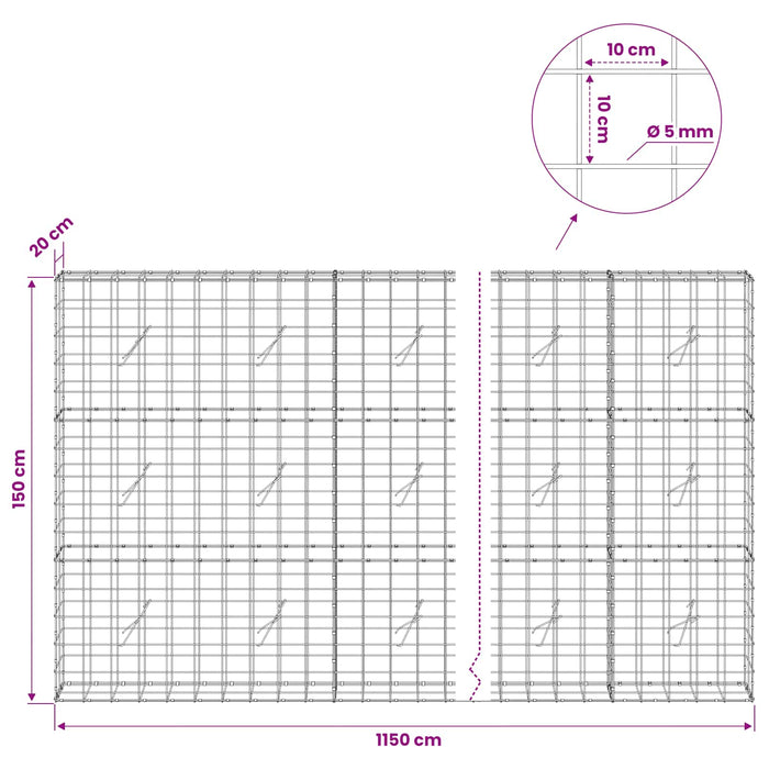 Gabion cu fir de 5 mm și plasă de 10x10 cm 1150x20x150 cm WALTI