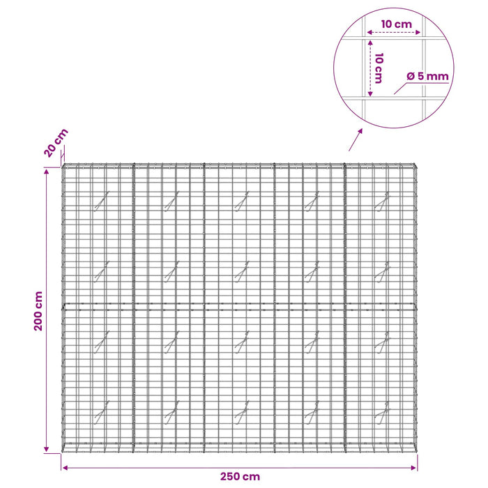 Gabion cu fir de 5 mm și plasă de 10x10 cm 250x20x200 cm WALTI