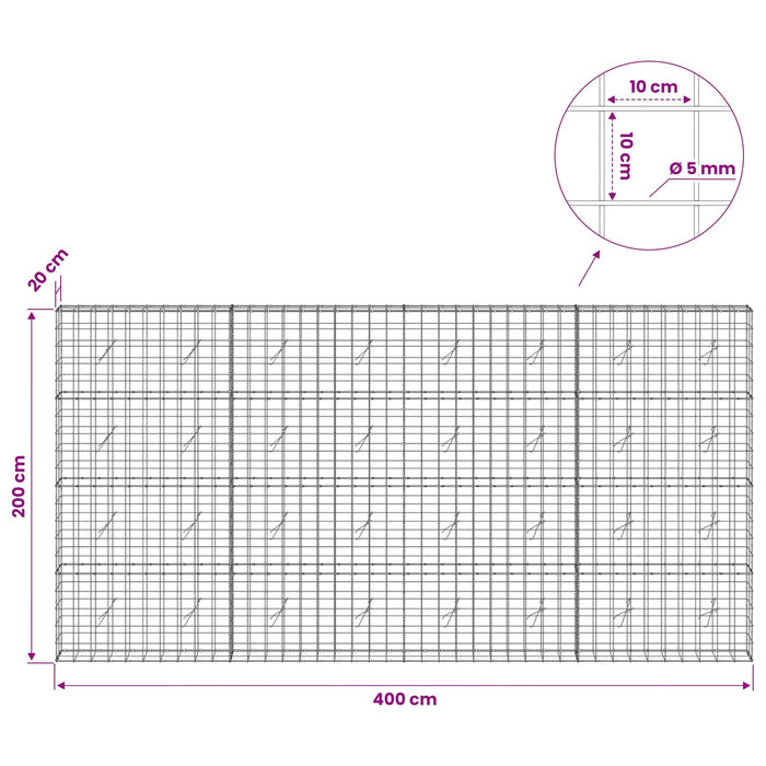 Gabion cu fir de 5 mm și plasă de 10x10 cm 400x20x200 cm WALTI