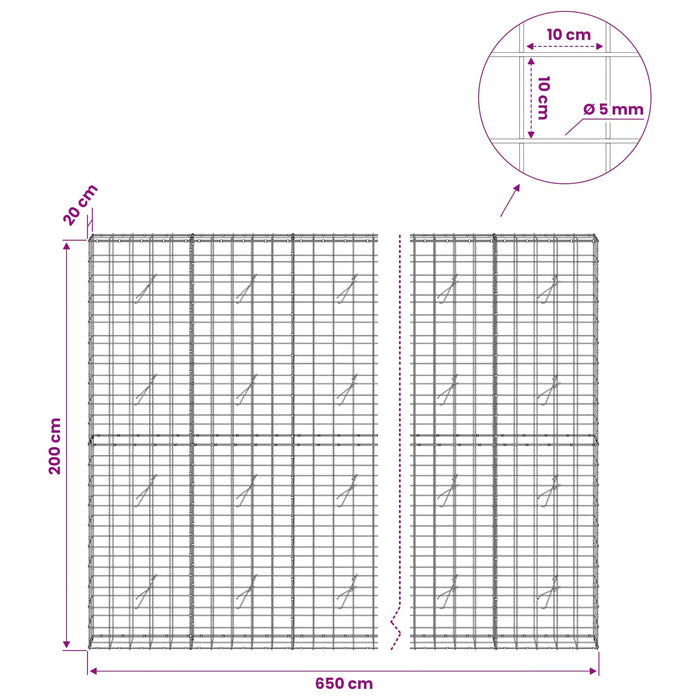 Gabion cu fir de 5 mm și plasă de 10x10 cm 650x20x200 cm WALTI