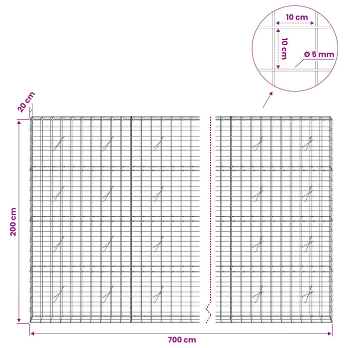 Gabion cu fir de 5 mm și plasă de 10x10 cm 700x20x200 cm WALTI