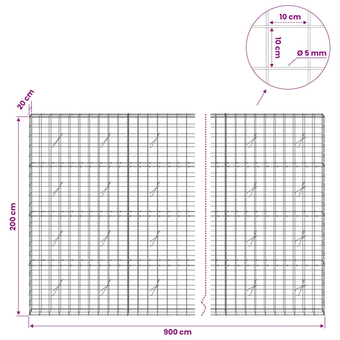 Gabion cu fir de 5 mm și plasă de 10x10 cm 900x20x200 cm WALTI