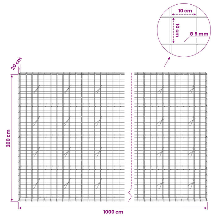 Gabion cu fir de 5 mm și plasă de 10x10 cm 1000x20x200 cm WALTI