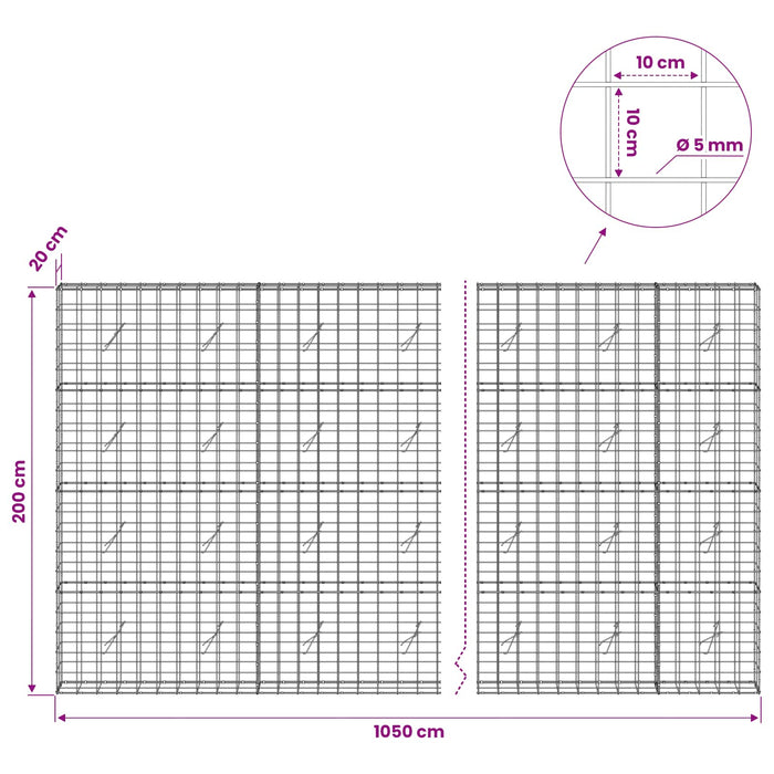 Gabion cu fir de 5 mm și plasă de 10x10 cm 1050x20x200 cm WALTI