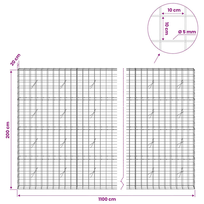 Gabion cu fir de 5 mm și plasă de 10x10 cm 1100x20x200 cm WALTI