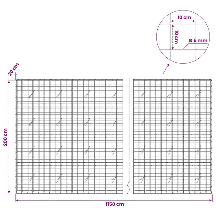 Gabion cu fir de 5 mm și plasă de 10x10 cm 1150x20x200 cm WALTI