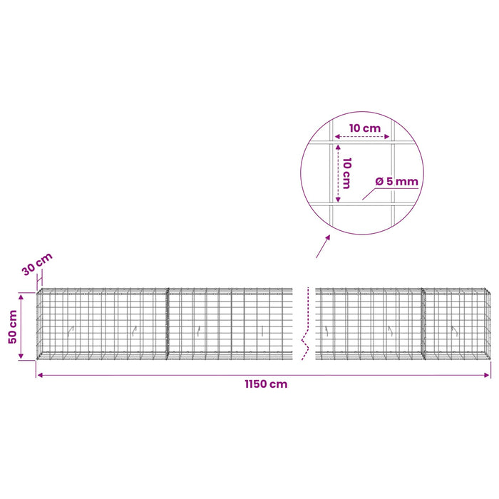 Gabion cu fir de 5 mm și plasă de 10x10 cm 1150x30x50 cm WALTI