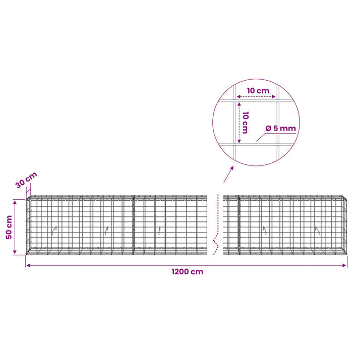 Gabion cu fir de 5 mm și plasă de 10x10 cm 1200x30x50 cm WALTI