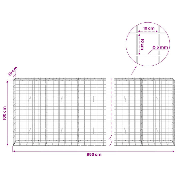Gabion cu fir de 5 mm și plasă de 10x10 cm 950x30x100 cm WALTI