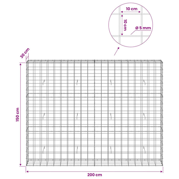 Gabion cu fir de 5 mm și plasă de 10x10 cm 200x30x150 cm WALTI