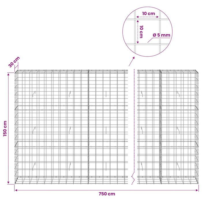 Gabion cu fir de 5 mm și plasă de 10x10 cm 750x30x150 cm WALTI