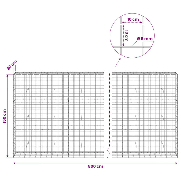 Gabion cu fir de 5 mm și plasă de 10x10 cm 800x30x150 cm WALTI