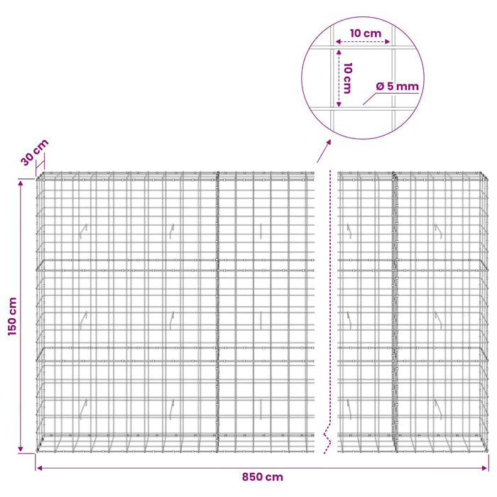 Gabion cu fir de 5 mm și plasă de 10x10 cm 850x30x150 cm WALTI