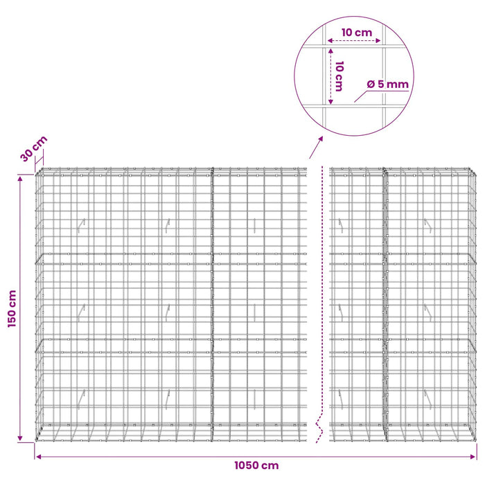 Gabion cu fir de 5 mm și plasă de 10x10 cm 1050x30x150 cm WALTI