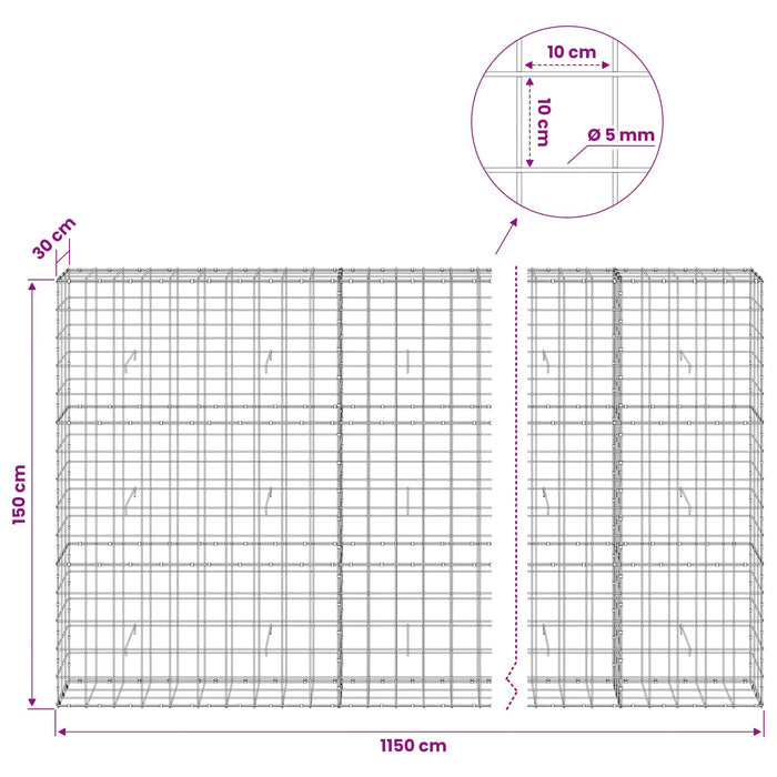 Gabion cu fir de 5 mm și plasă de 10x10 cm 1150x30x150 cm WALTI
