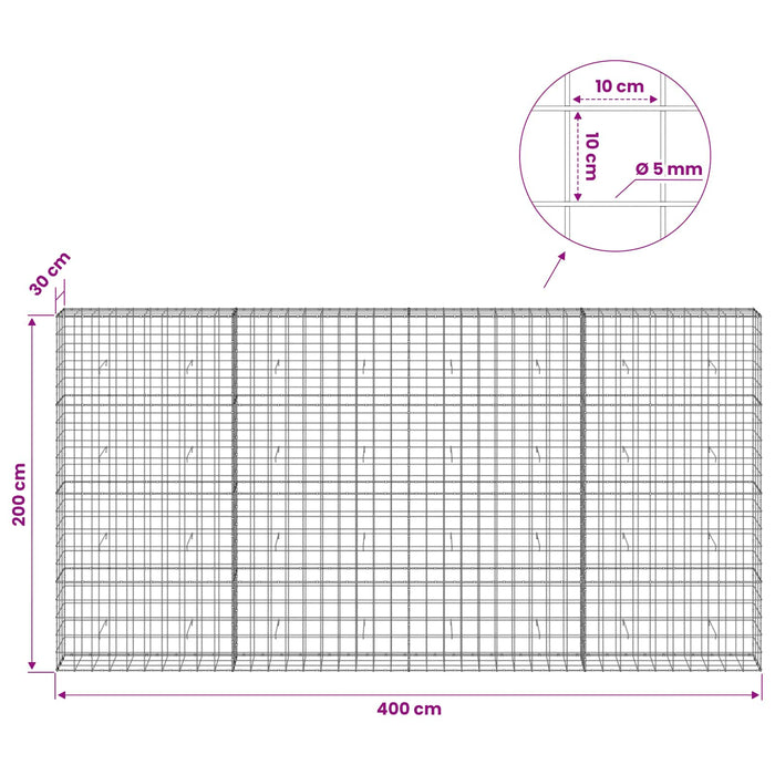Gabion cu fir de 5 mm și plasă de 10x10 cm 400x30x200 cm WALTI