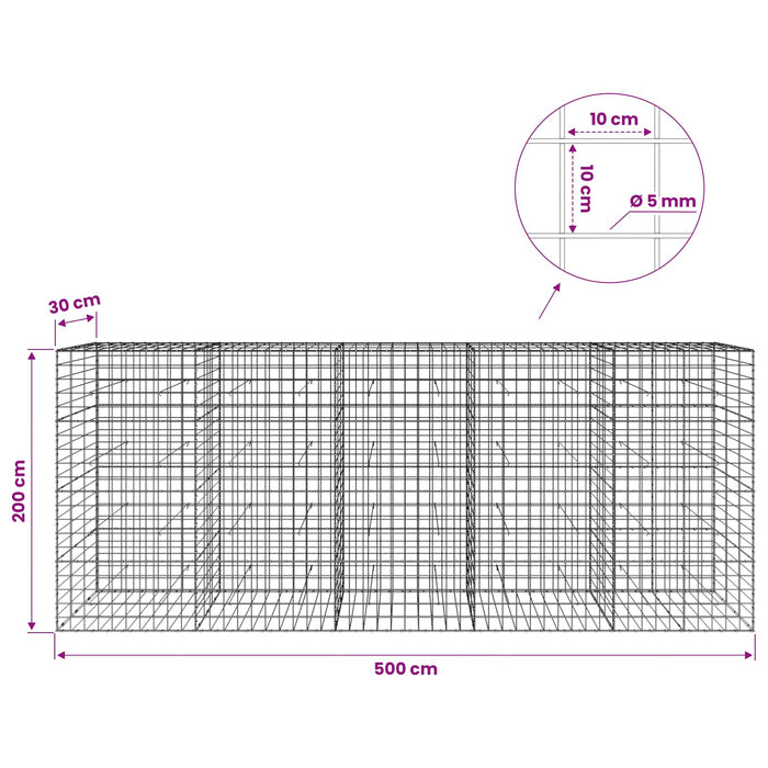 Gabion cu fir de 5 mm și plasă de 10x10 cm 500x30x200 cm WALTI