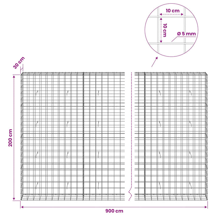 Gabion cu fir de 5 mm și plasă de 10x10 cm 900x30x200 cm WALTI