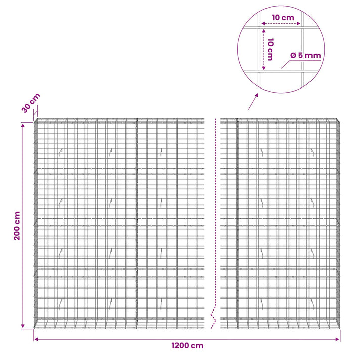 Gabion cu fir de 5 mm și plasă de 10x10 cm 1200x30x200 cm WALTI