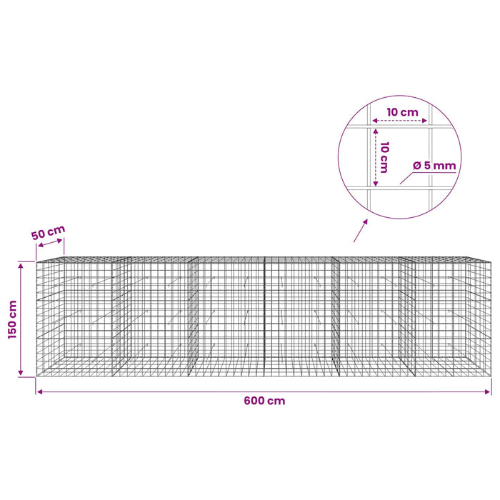Gabion cu fir de 5 mm și plasă de 10x10 cm 600x50x150 cm WALTI