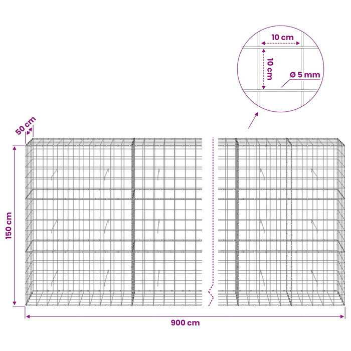 Gabion cu fir de 5 mm și plasă de 10x10 cm 900x50x150 cm WALTI