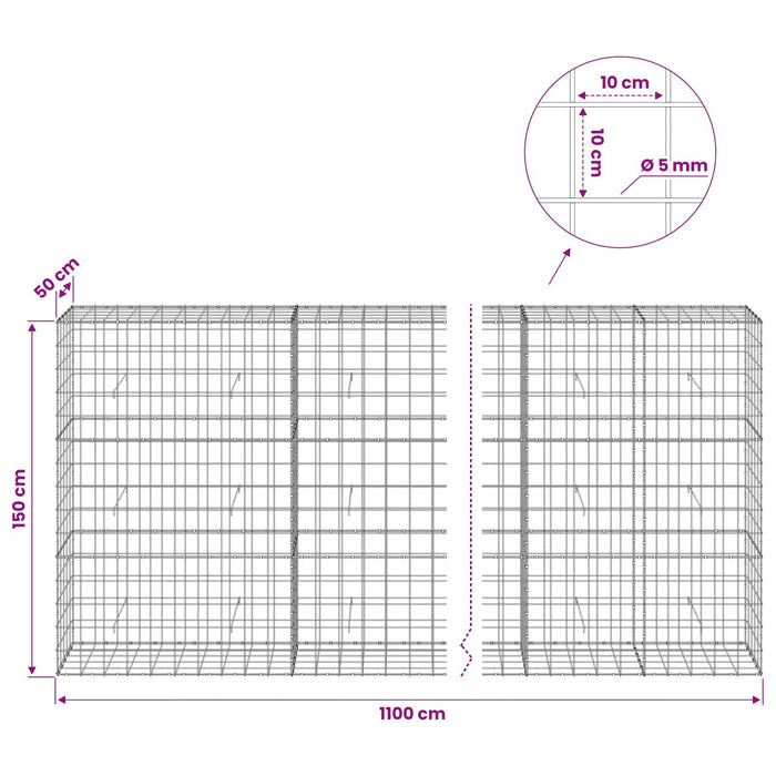 Gabion cu fir de 5 mm și plasă de 10x10 cm 1100x50x150 cm WALTI