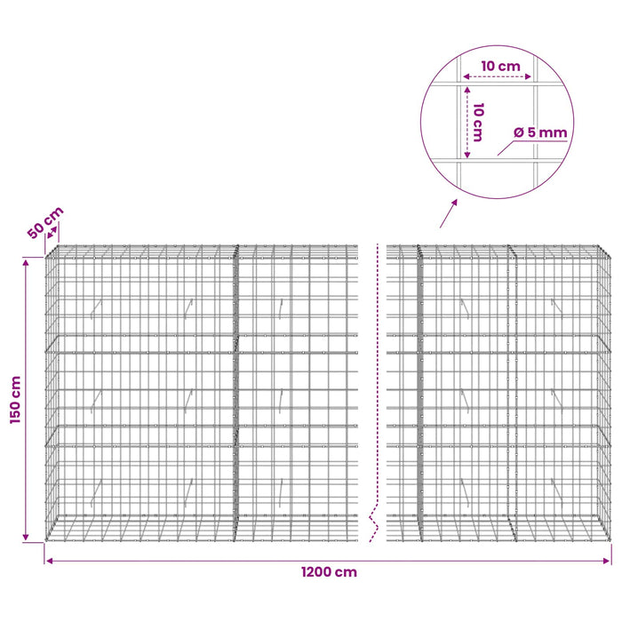 Gabion cu fir de 5 mm și plasă de 10x10 cm 1200x50x150 cm WALTI