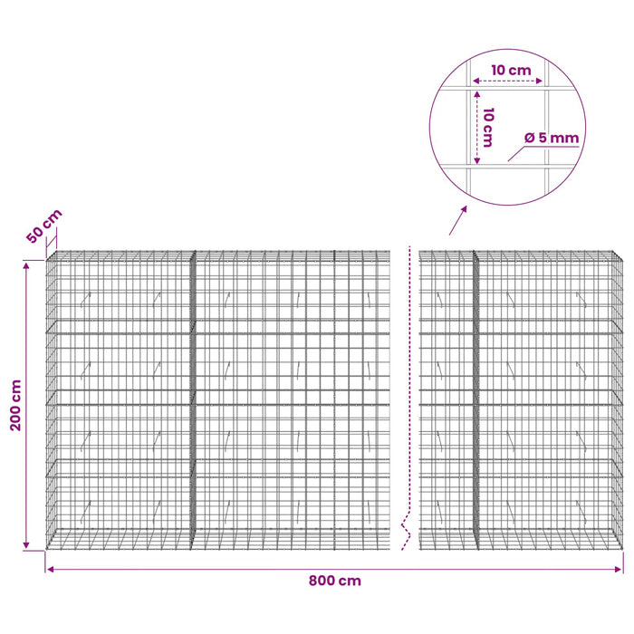 Gabion cu fir de 5 mm și plasă de 10x10 cm 800x50x200 cm WALTI