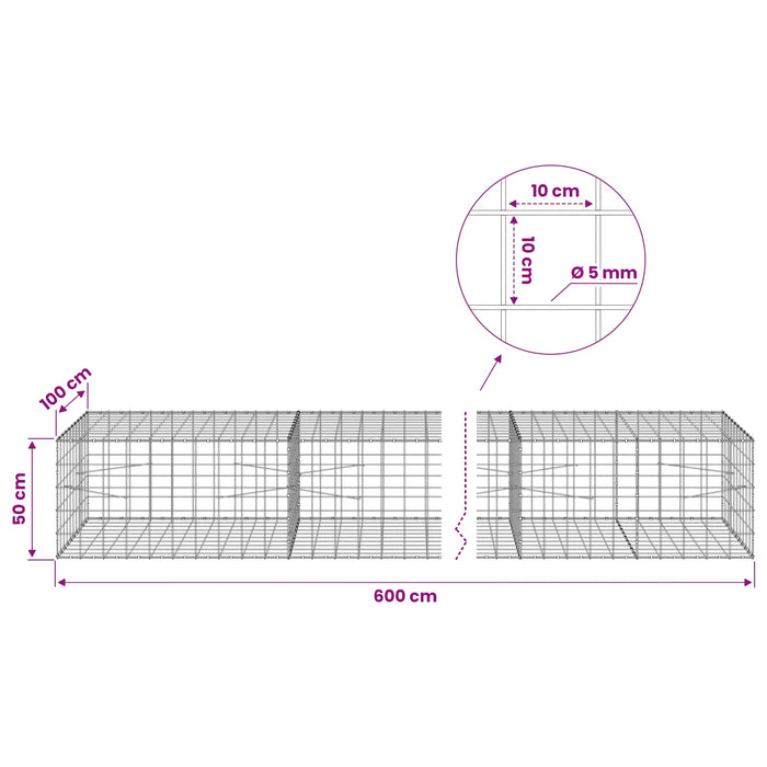 Gabion cu fir de 5 mm și plasă de 10x10 cm 600x100x50 cm WALTI