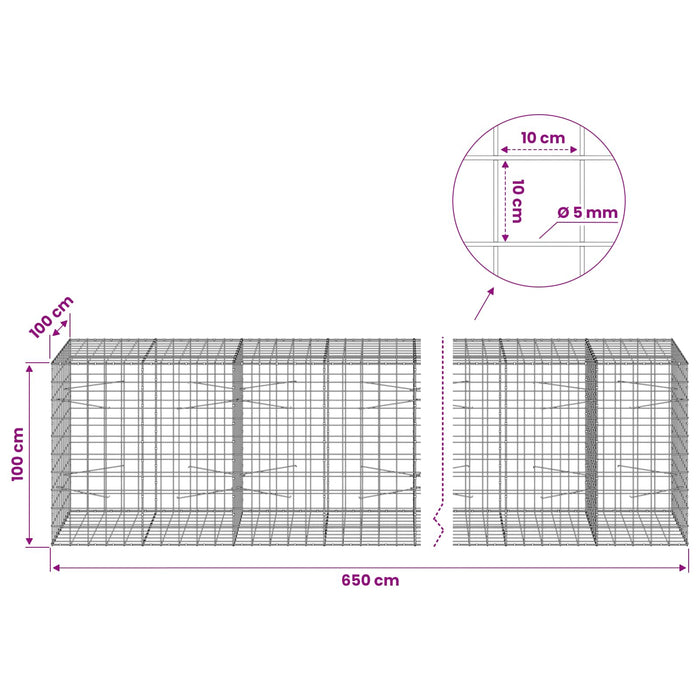 Gabion cu fir de 5 mm și plasă de 10x10 cm 650x100x100 cm WALTI
