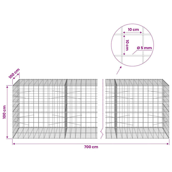 Gabion cu fir de 5 mm și plasă de 10x10 cm 700x100x100 cm WALTI