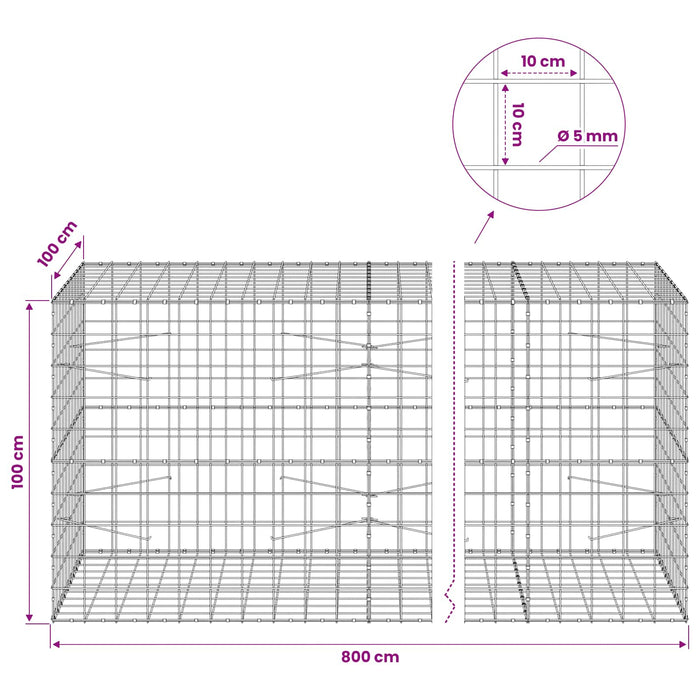 Gabion cu fir de 5 mm și plasă de 10x10 cm 800x100x100 cm WALTI