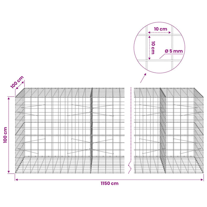 Gabion cu fir de 5 mm și plasă de 10x10 cm 1150x100x100 cm WALTI